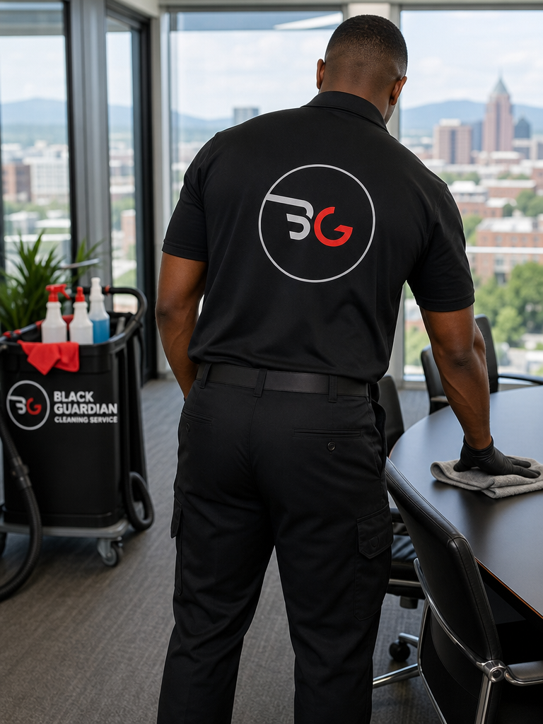 Black Guardian Cleaning Service team member cleaning a corporate conference room in Salem VA